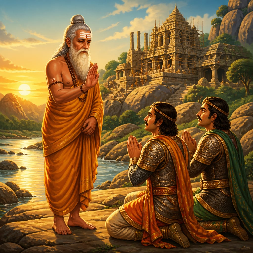 Vidyaranya blessing the founding of Vijayanagara on the Tungabhadra at dawn