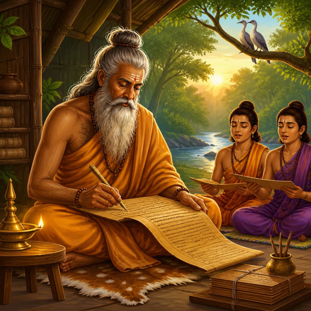 Sage Valmiki composing the Ramayana on palm leaves in his forest ashram