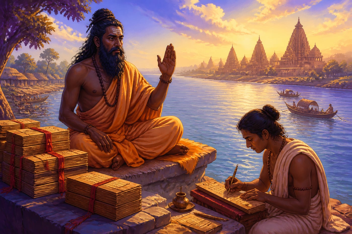 Vyasa son of fisherwoman Satyavati composes the Vedas