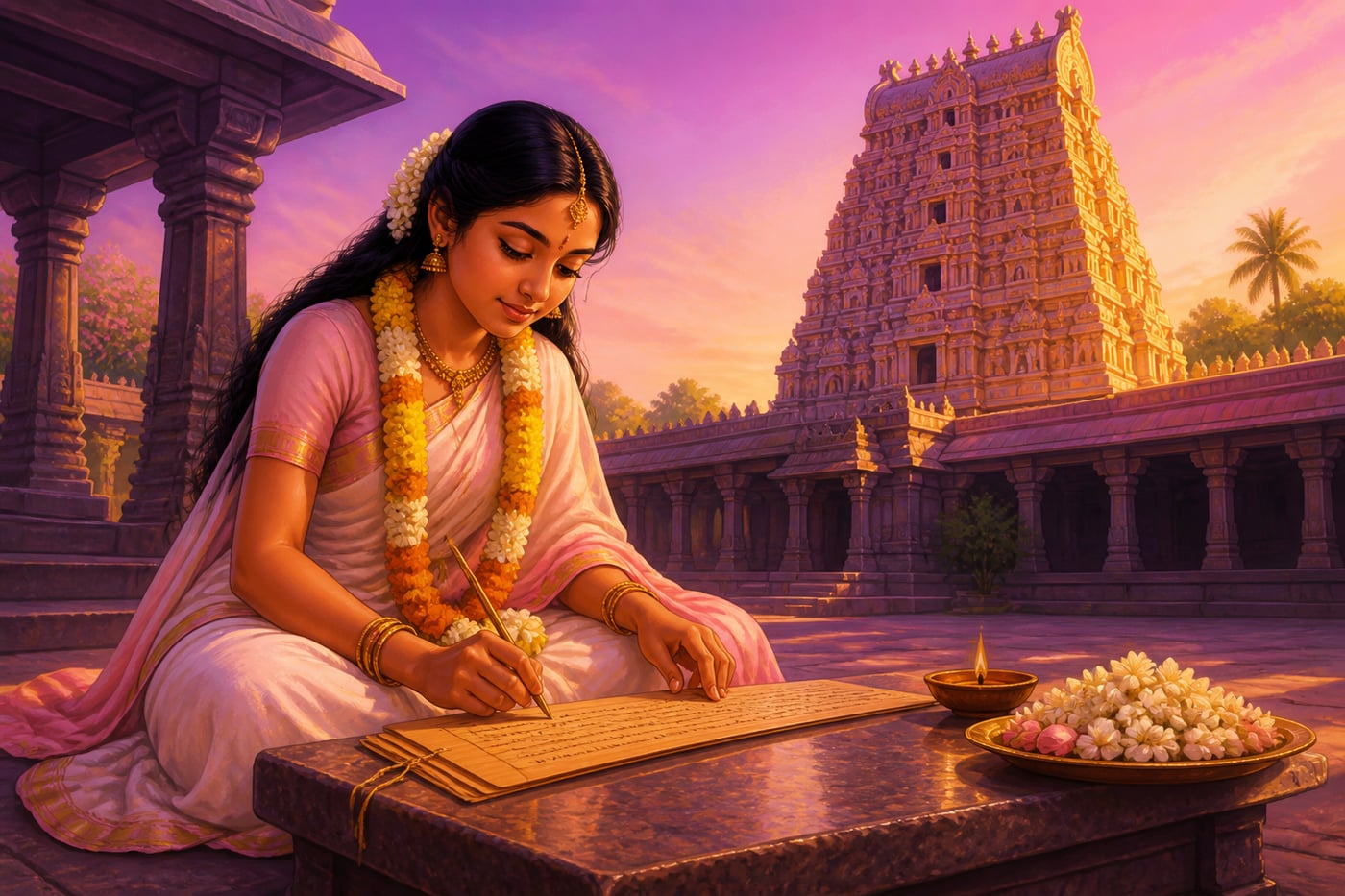 Andal composes the Tiruppavai at Srivilliputtur