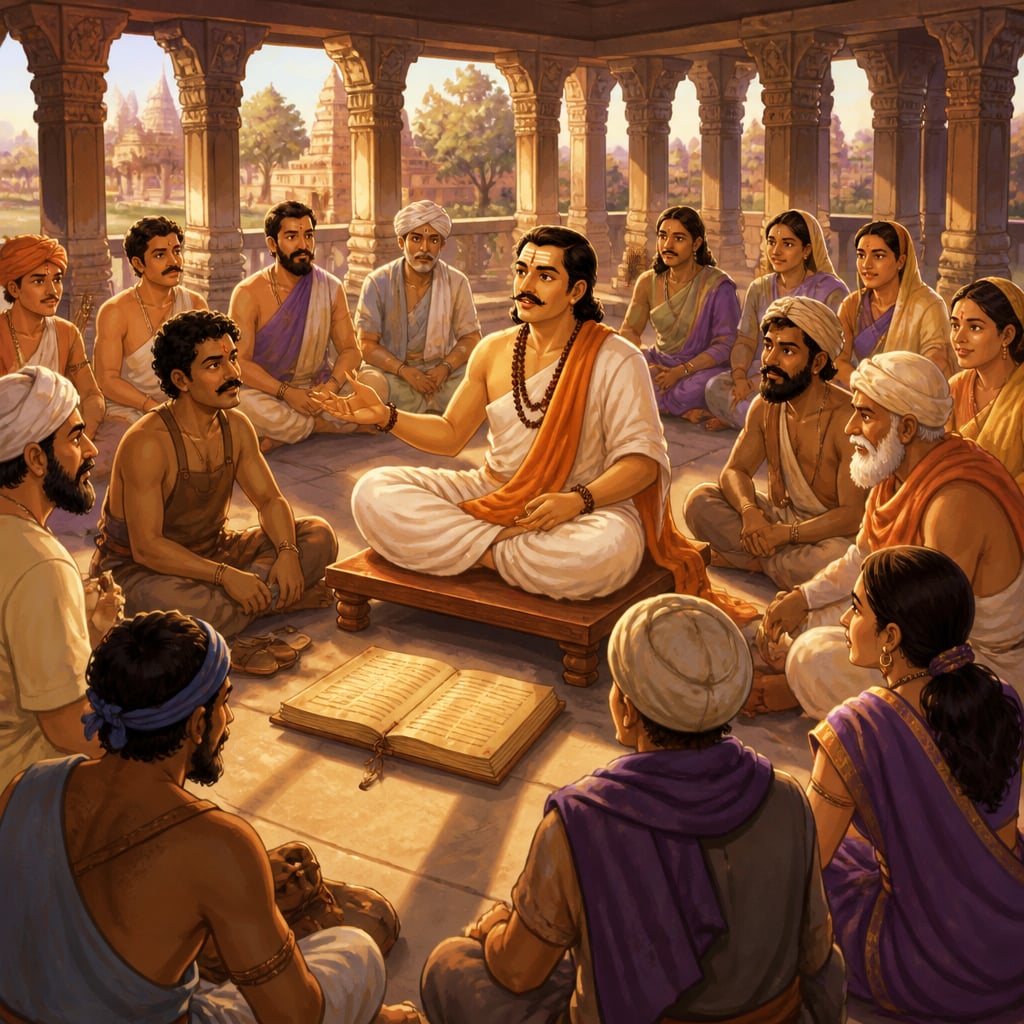 Basaveshwara leading the Anubhava Mantapa assembly at Kalyana