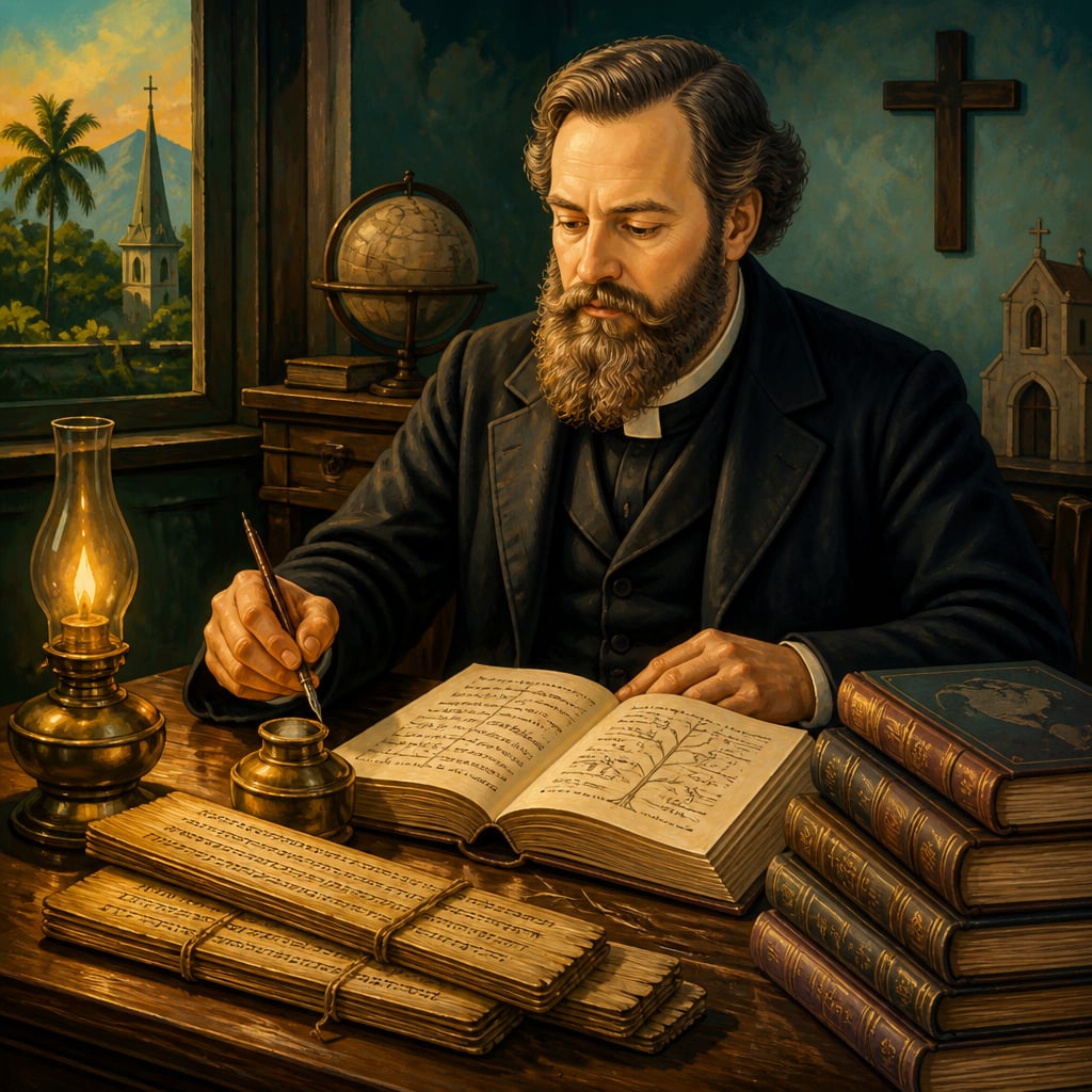 Robert Caldwell at his Tirunelveli mission desk in 1856 writing the Comparative Grammar of the Dravidian Languages