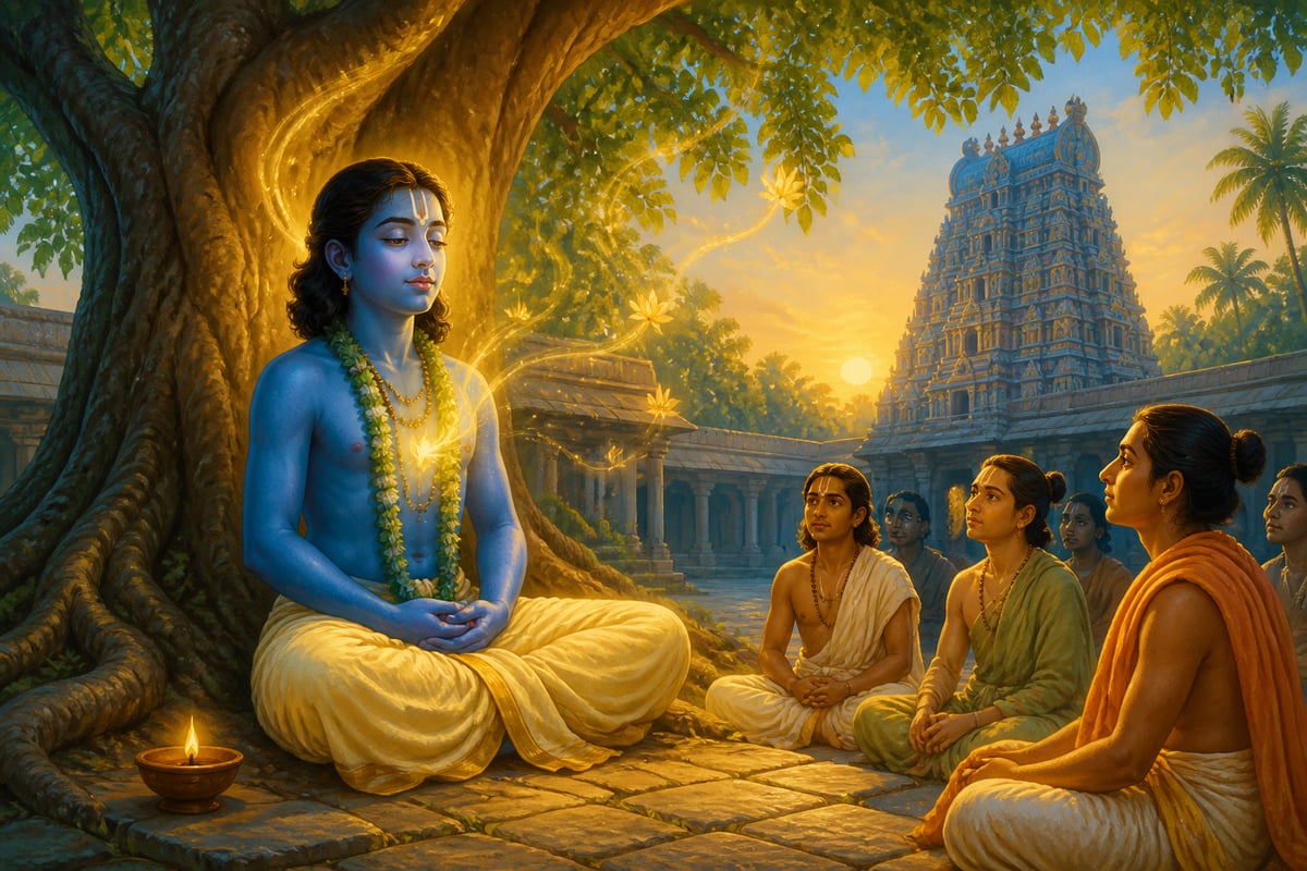 Nammalvar composing Tamil Vaishnava bhakti hymns under tamarind tree