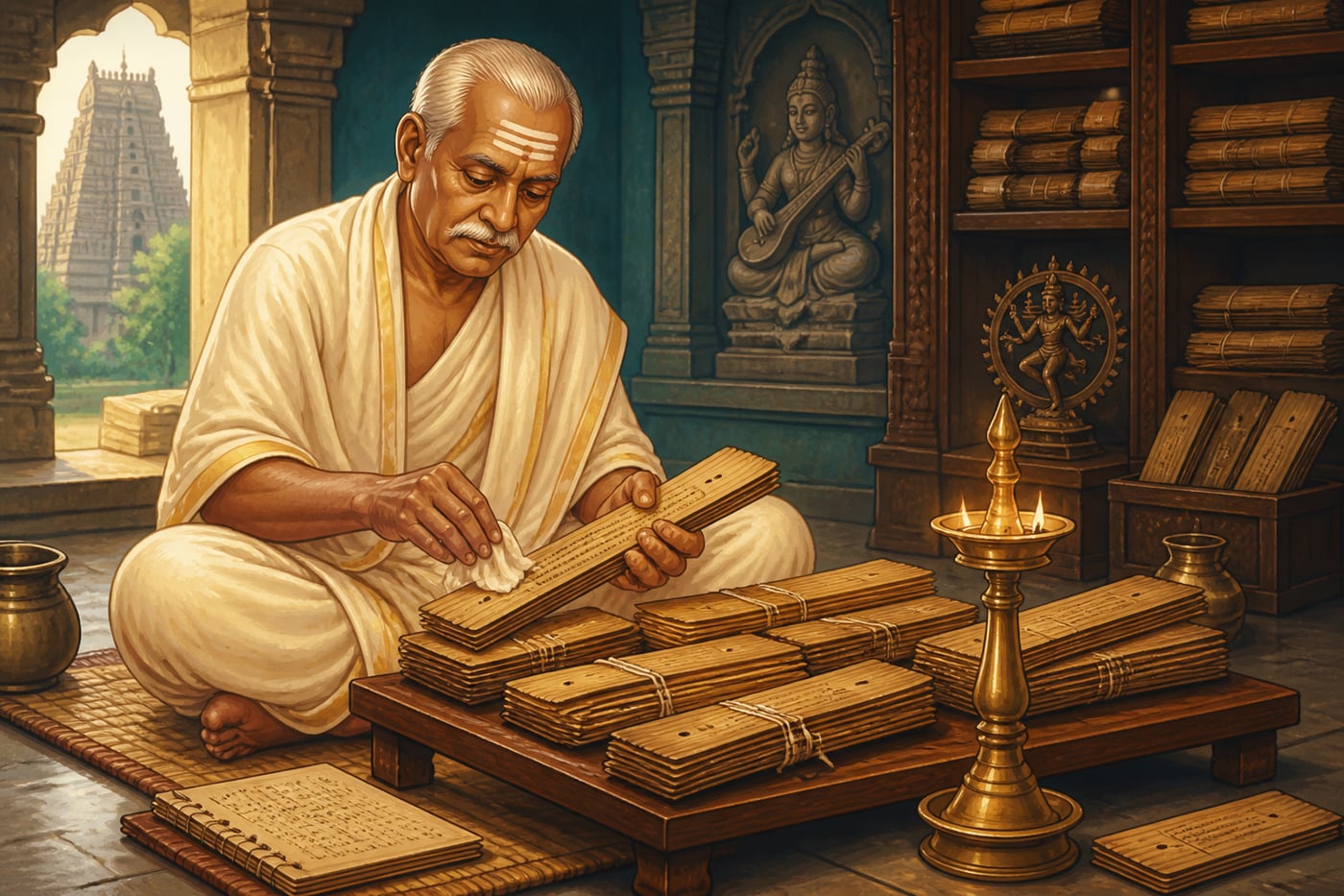 U.V. Swaminatha Iyer recovering Tamil Sangam palm-leaf manuscripts