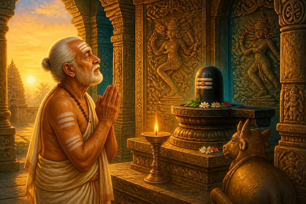 Appar worshipping at ancient Shiva linga shrine