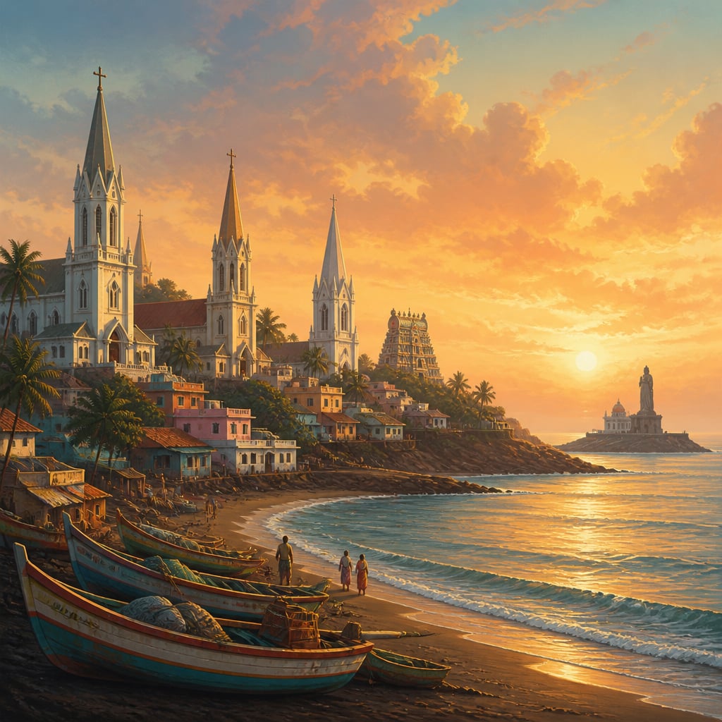 Kanyakumari coastline at dawn with church spires outnumbering the temple gopurams along the village ridges