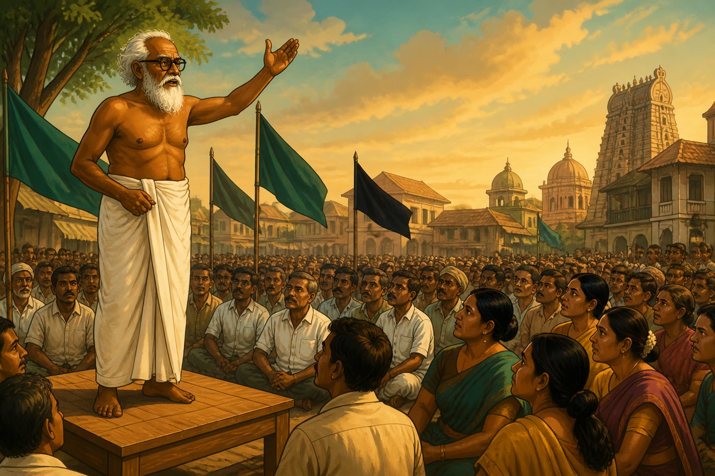 Periyar addressing Tamil rationalist rally in 1940s town square