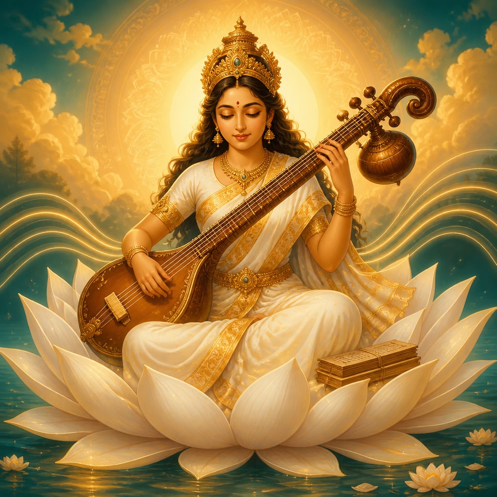 Vak Devi, the Vedic goddess of sacred speech, seated on a white lotus and gently playing a wooden veena