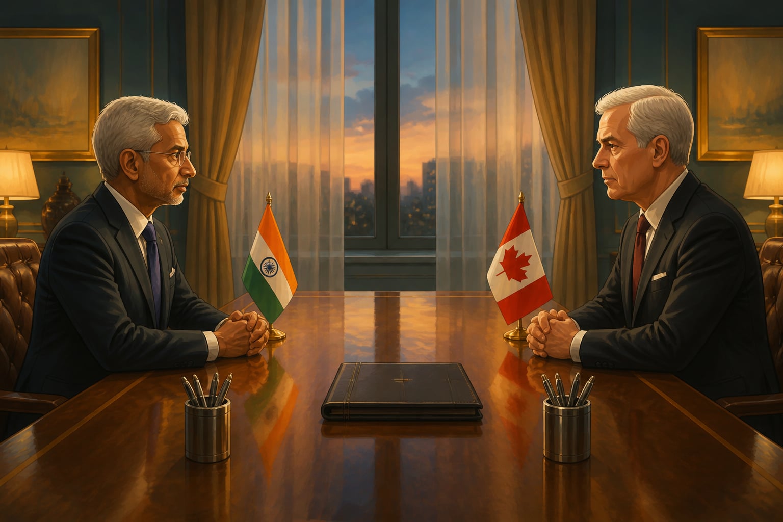 Indian and Canadian diplomats facing each other across tense embassy table