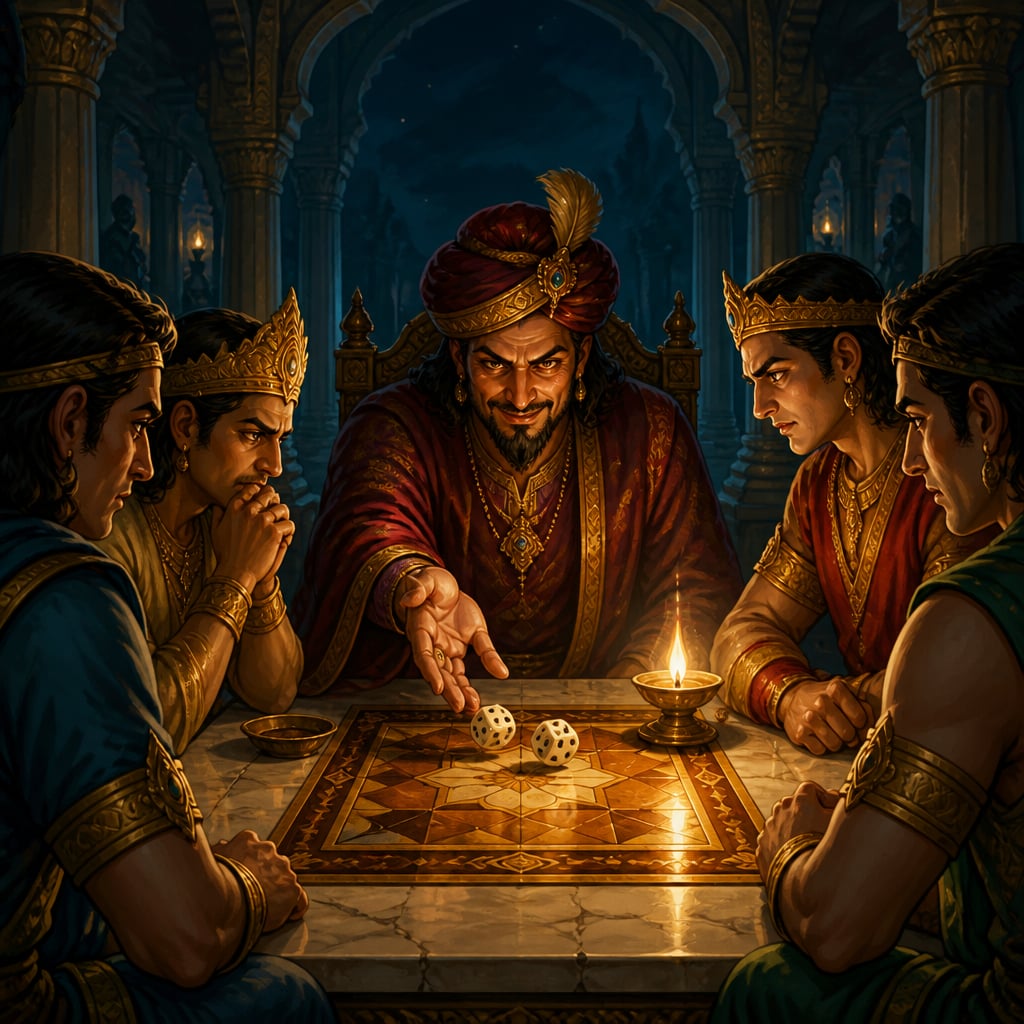 Shakuni in the dim Kuru sabha at night rolling loaded dice across an ornate inlaid game board