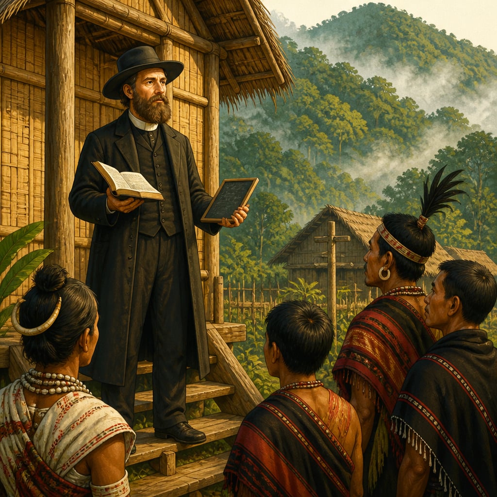 American Baptist missionary Edward Winter Clark arriving at his bamboo and thatch Nagaland mission station in 1872