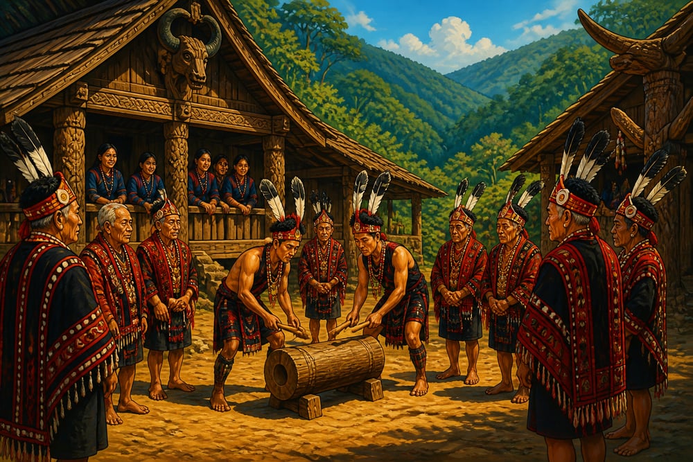 Pre-conversion Naga village morung gathering around carved log-drum