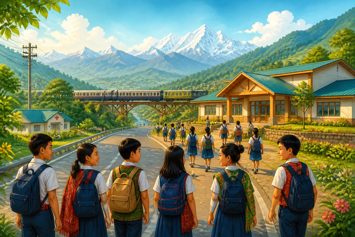 Modern Northeast integration scene with school children and new infrastructure