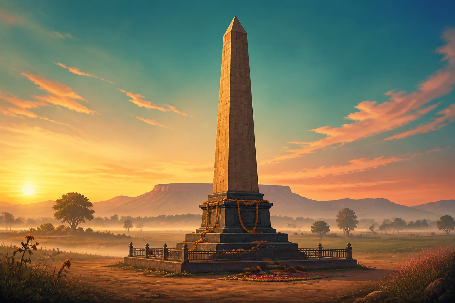 Bhima Koregaon victory pillar at dawn in rural Maharashtra