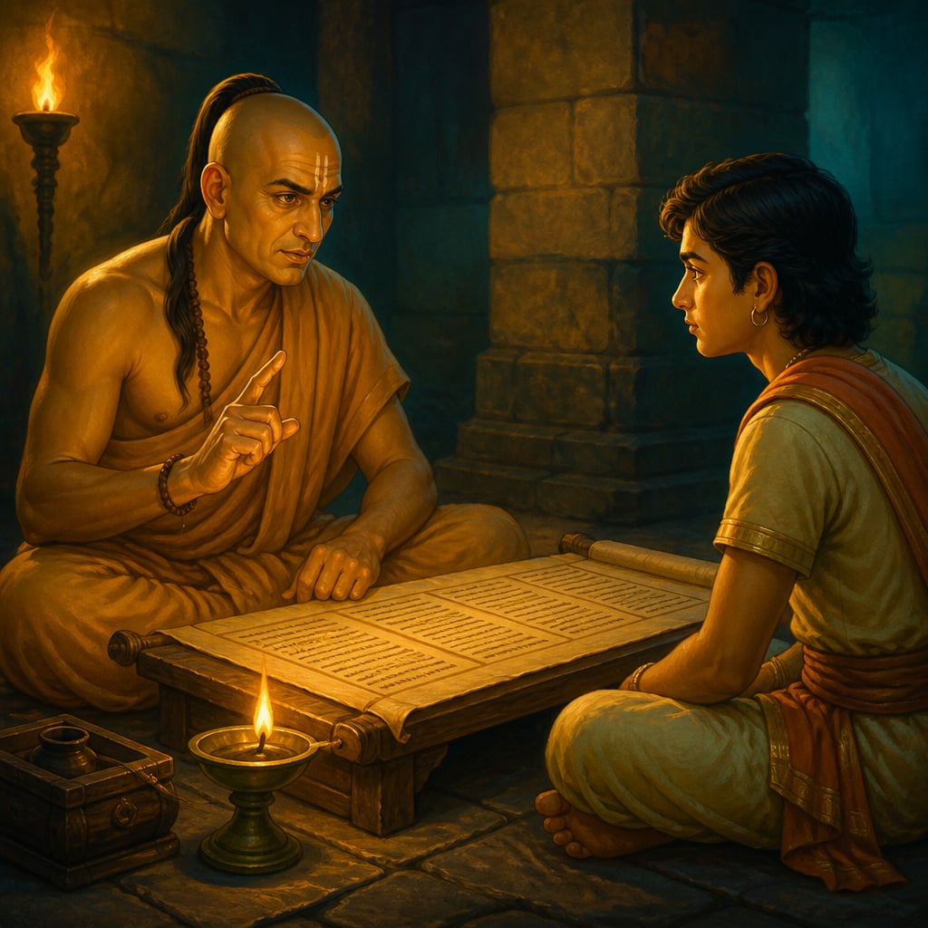 Kautilya teaching the young Chandragupta Maurya about Rajadharma in a torchlit stone chamber at evening