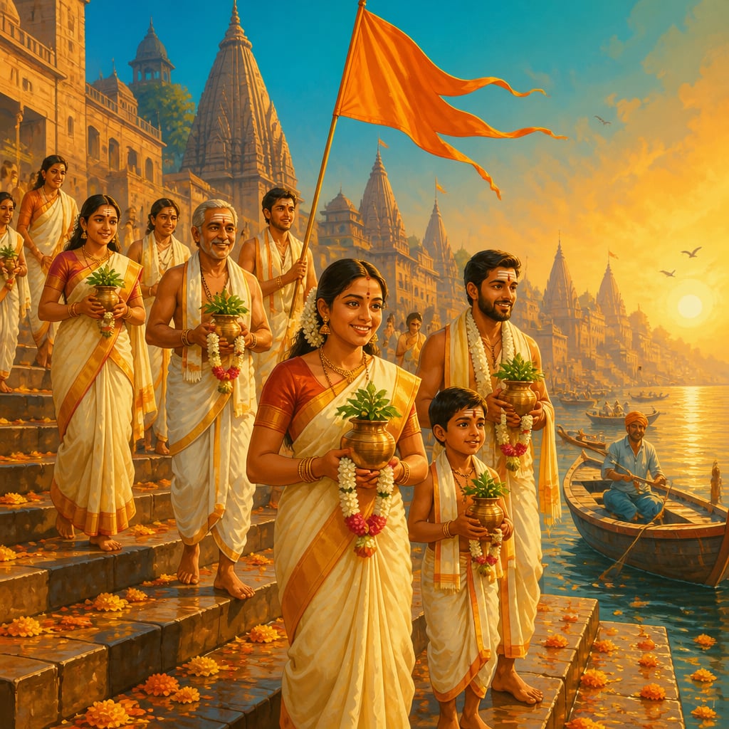 Tamil pilgrims in cream and saffron descending the Dashashwamedh ghats of Kashi at the Kashi Tamil Sangamam