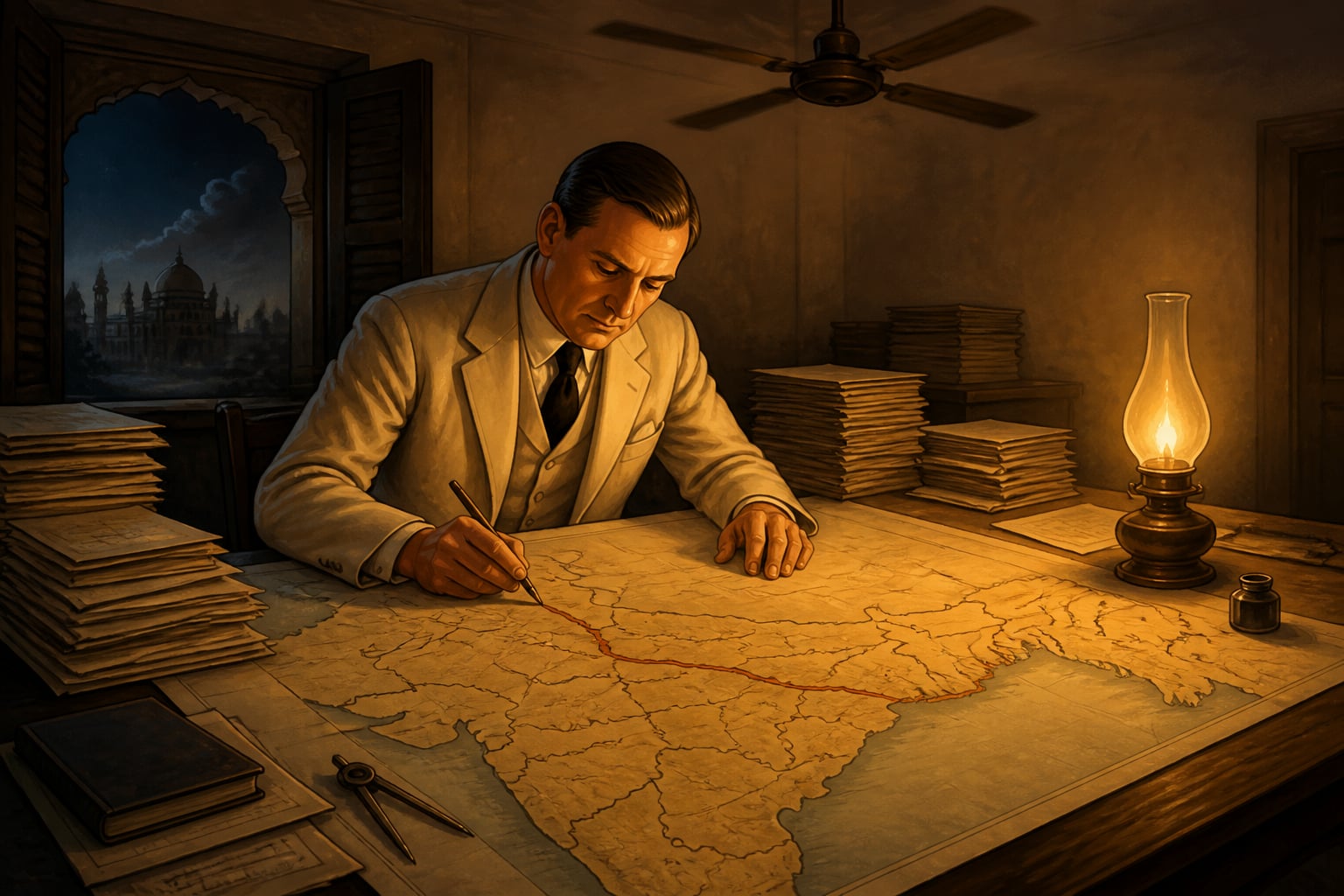 Radcliffe drawing the Partition Line at midnight