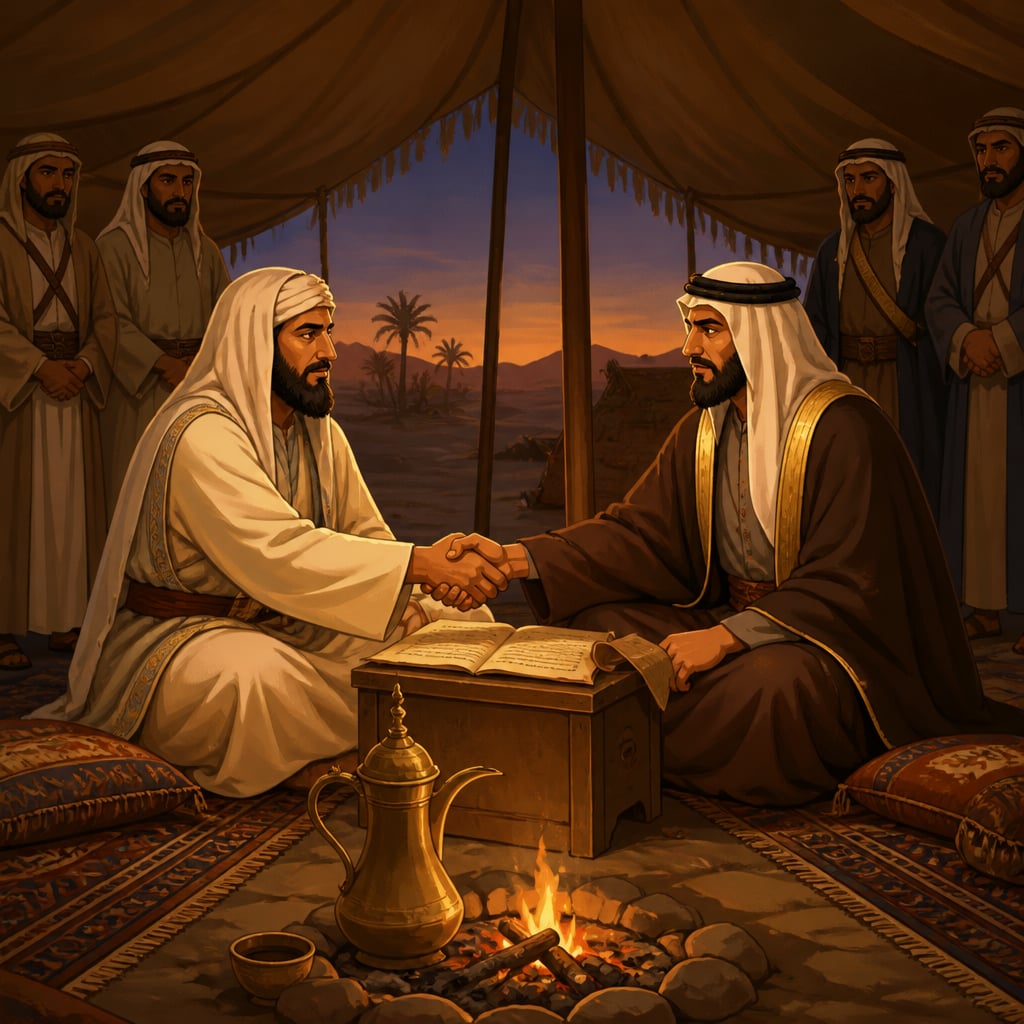 Wahhabi theologian and Saudi emir sealing their 1744 alliance in a desert tent