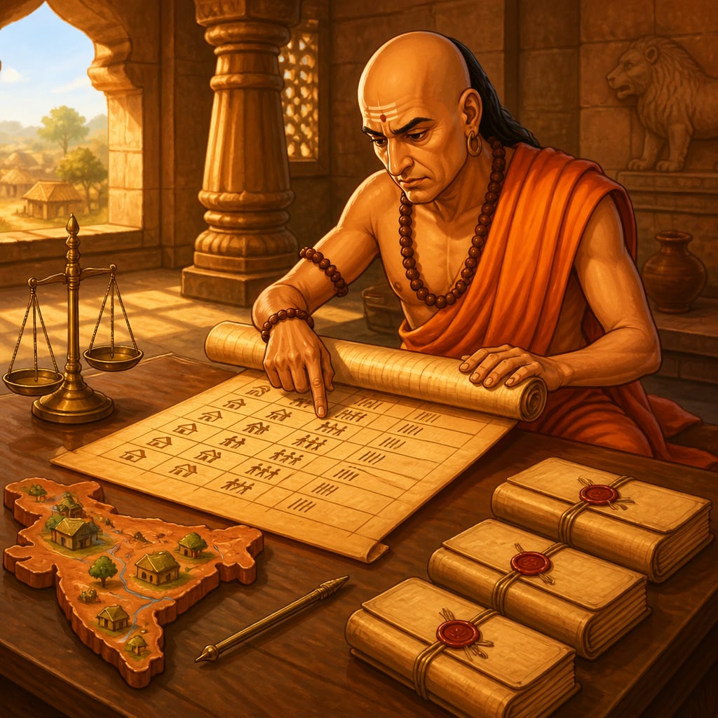 Chanakya reviewing a Mauryan census palm-leaf scroll