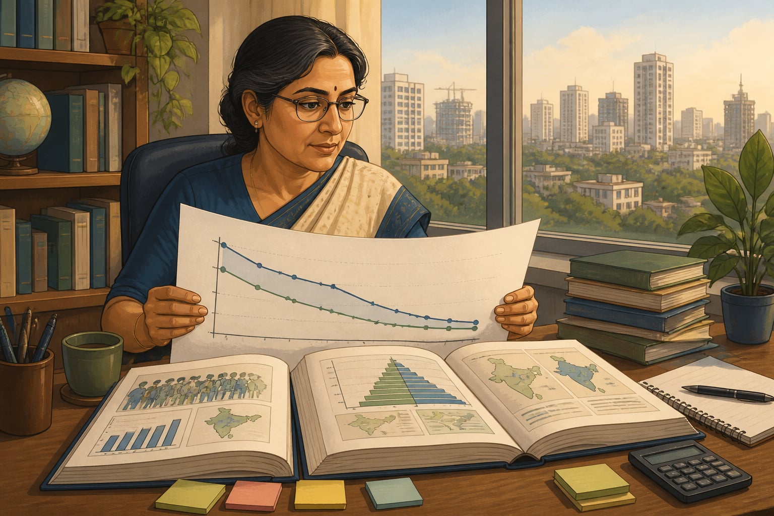 Modern Indian demographer reading fertility convergence data