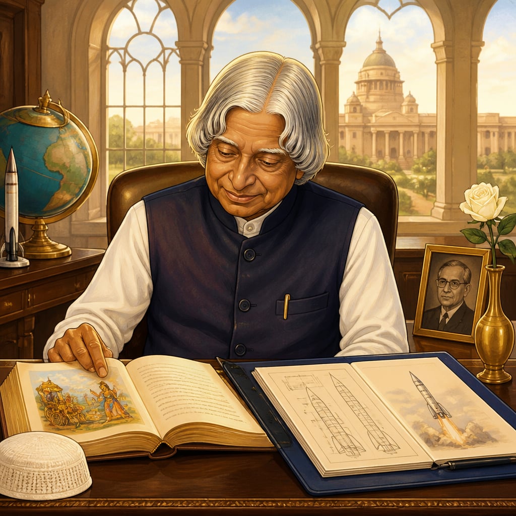 APJ Abdul Kalam at his Rashtrapati Bhavan desk with the Bhagavad Gita