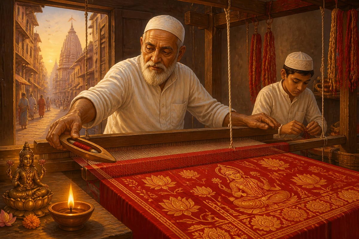 Varanasi Muslim weaver creating a temple sari