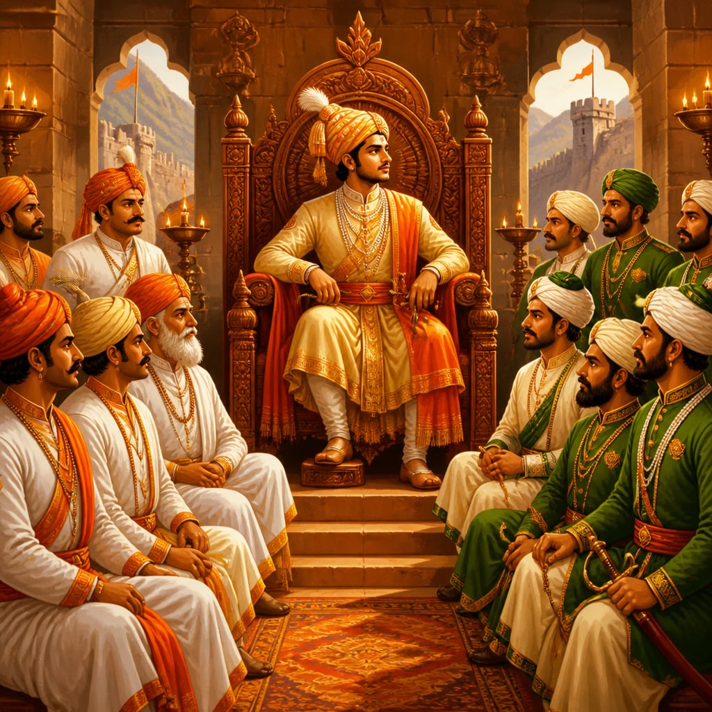 Chhatrapati Shivaji on his Raigad throne with a united court