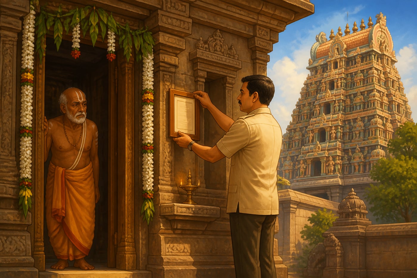 A state administrator posting a control notice at a South Indian temple gateway