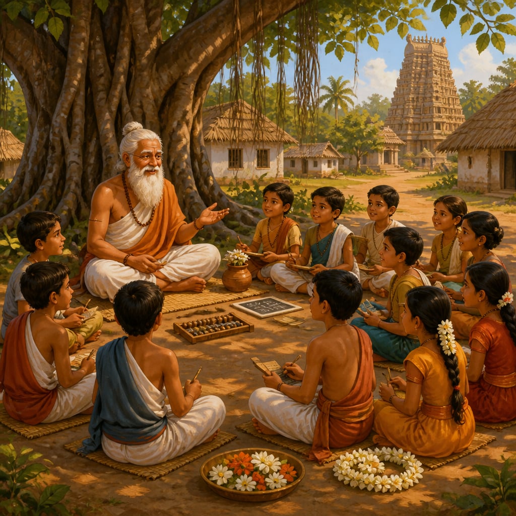 Pre-colonial Indian village pathshala under a banyan tree with an elder guru teaching seated children.