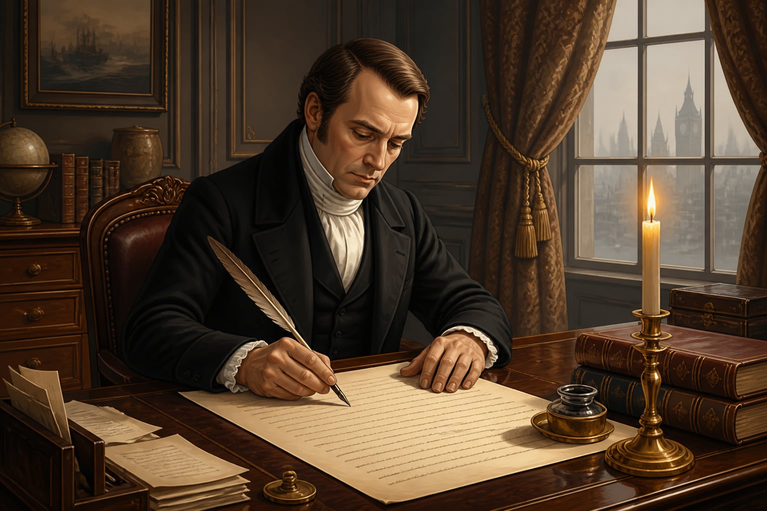 Sir Charles Wood signing the 1854 Education Despatch in his London office