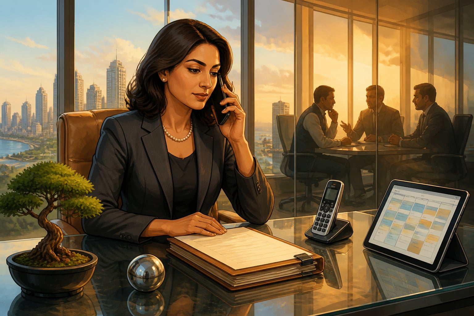A corporate communications executive working the phones in a Mumbai high-rise