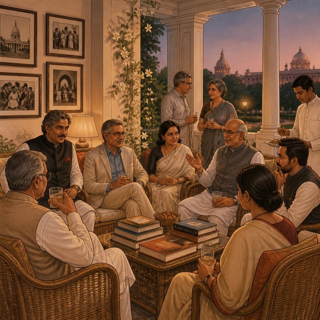 Lutyens Delhi verandah gathering of journalists, bureaucrats and NGO heads at dusk.