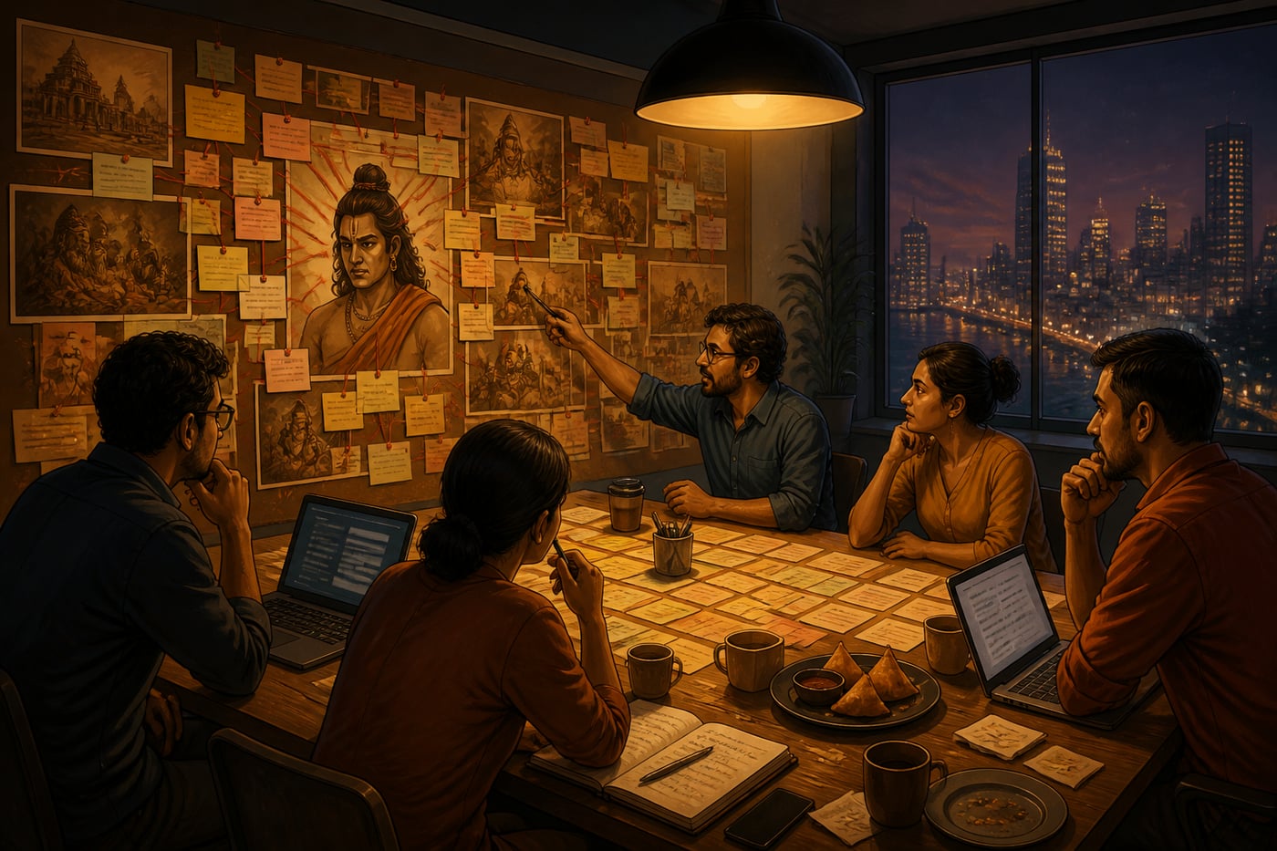 An OTT writer's room mapping a series that inverts civilizational themes