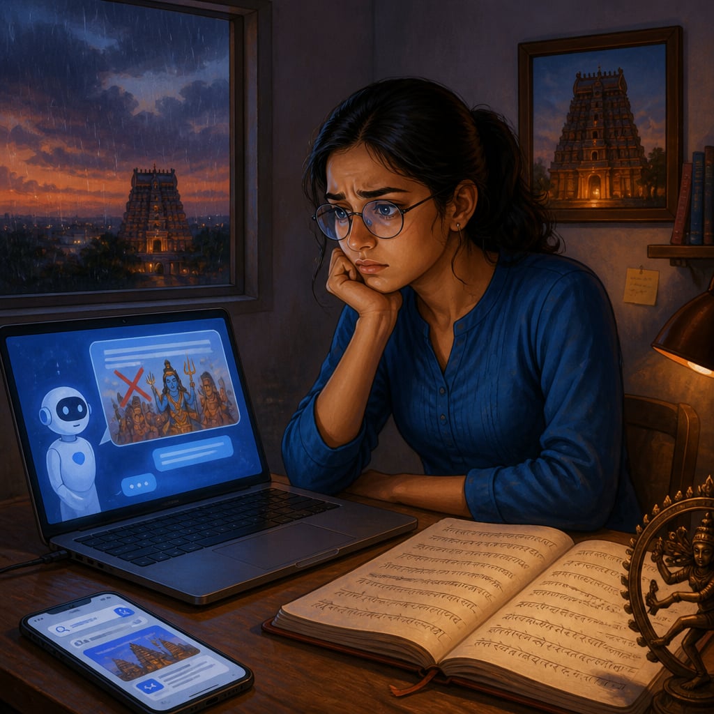 Young Indian student at a desk staring at a laptop showing a biased AI chatbot response.