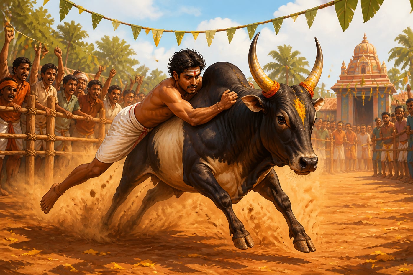 Jallikattu bull-taming in a Tamil Nadu village square during Pongal