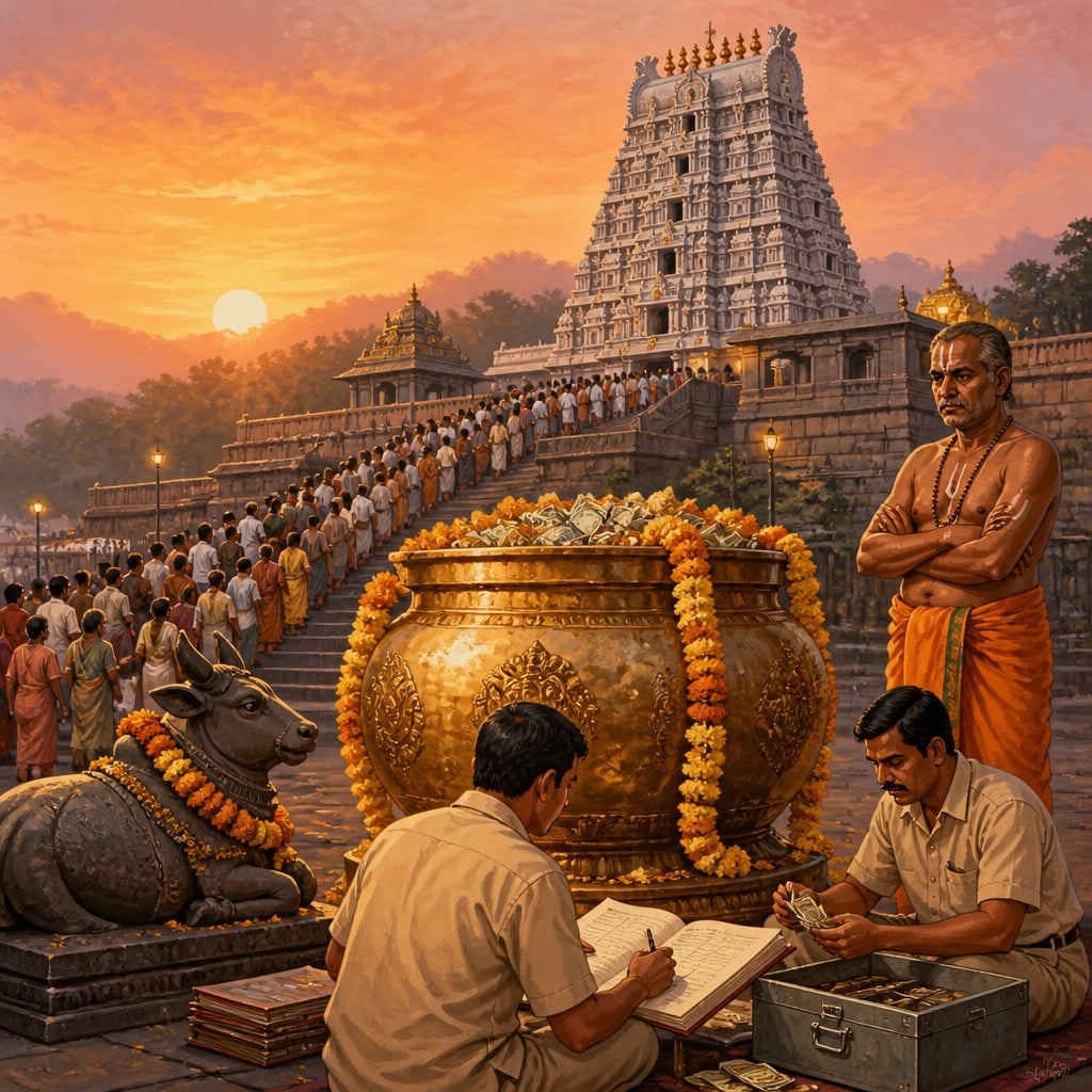 TTD Tirupati temple at dawn with government officers auditing a golden hundi as a priest stands aside.