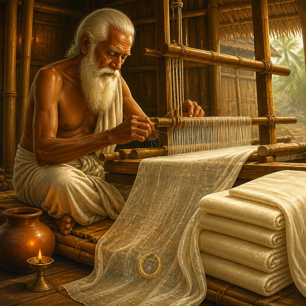 Dhaka muslin master weaver at his bamboo pit-loom threading impossibly fine silver-white cloth.