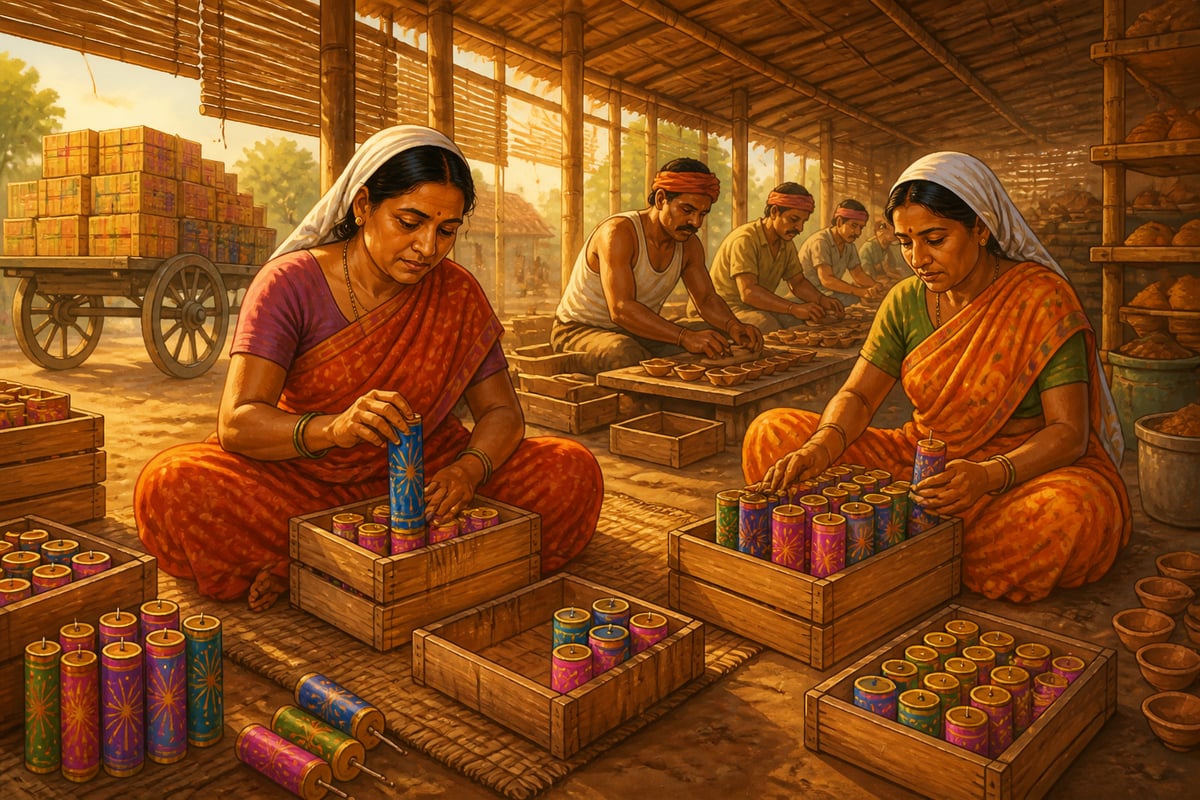 A Sivakasi fireworks workshop in Tamil Nadu packing crates for Diwali