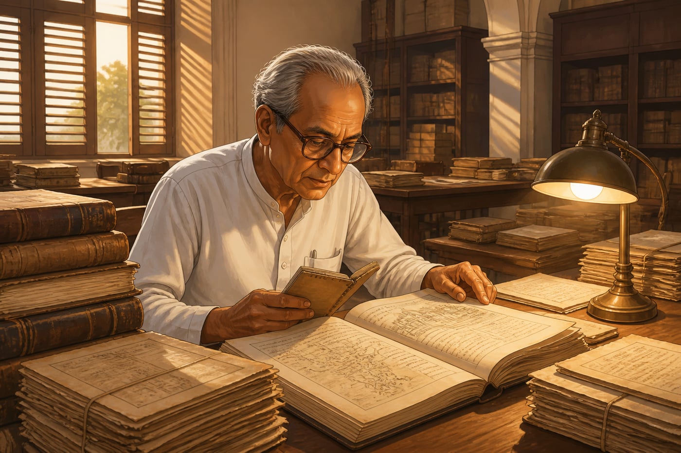 Dharampal in the 1970s uncovering pre-colonial school records in the National Archives
