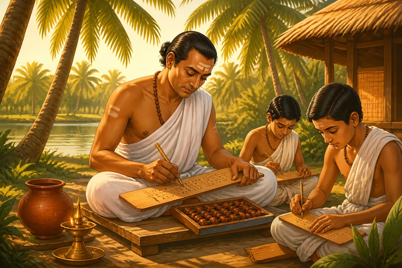 Madhava of Sangamagrama writing infinite series under Kerala palms in 1350 CE