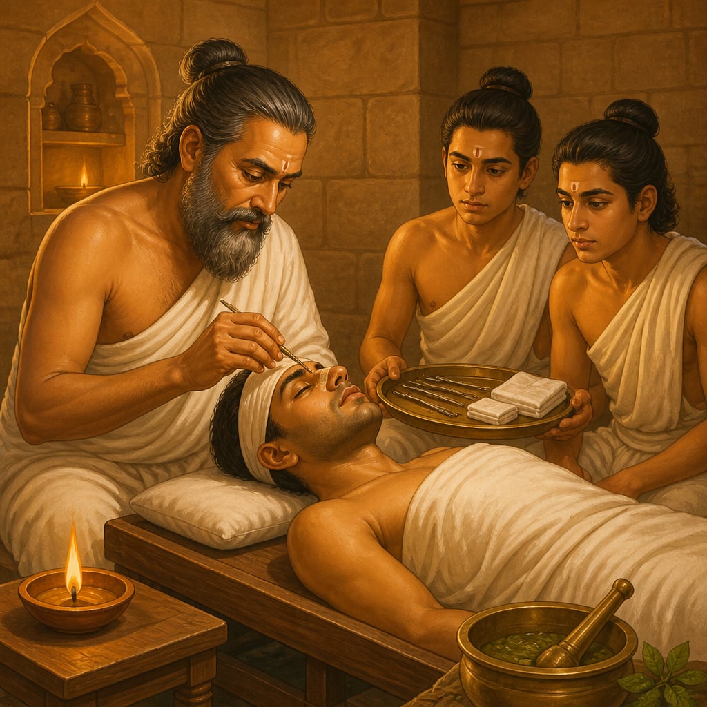 Sushruta performing a careful rhinoplasty on a patient in a sandstone medical chamber with two attentive students.
