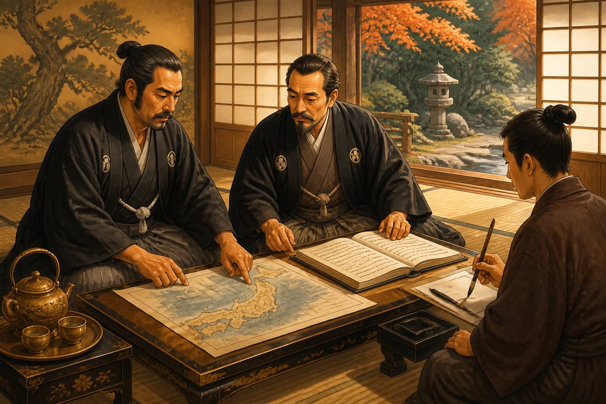Meiji-era Japanese reformers planning constitutional reforms in 1868 Kyoto