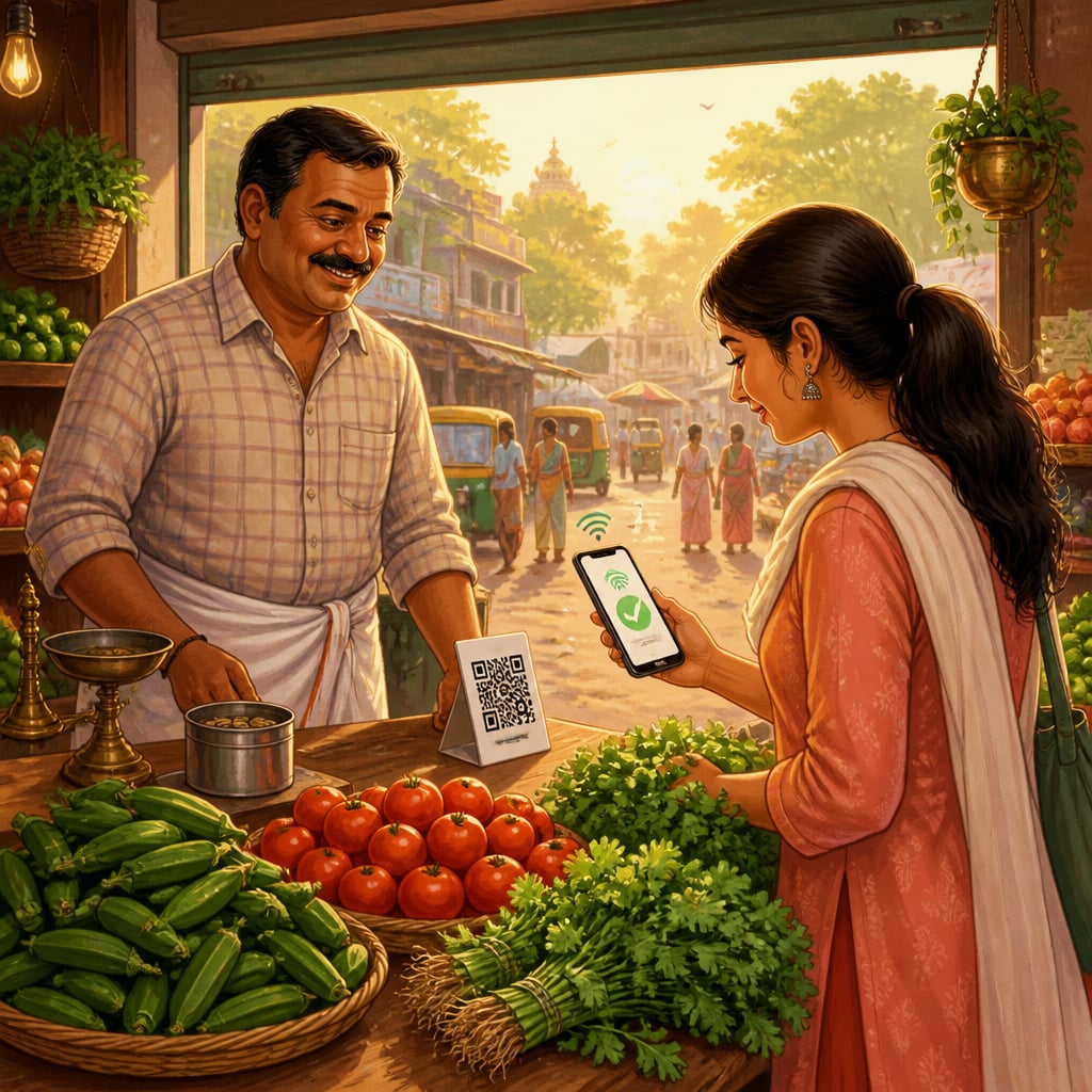 Bengaluru vegetable vendor at dawn taking a UPI QR code payment from a young customer.