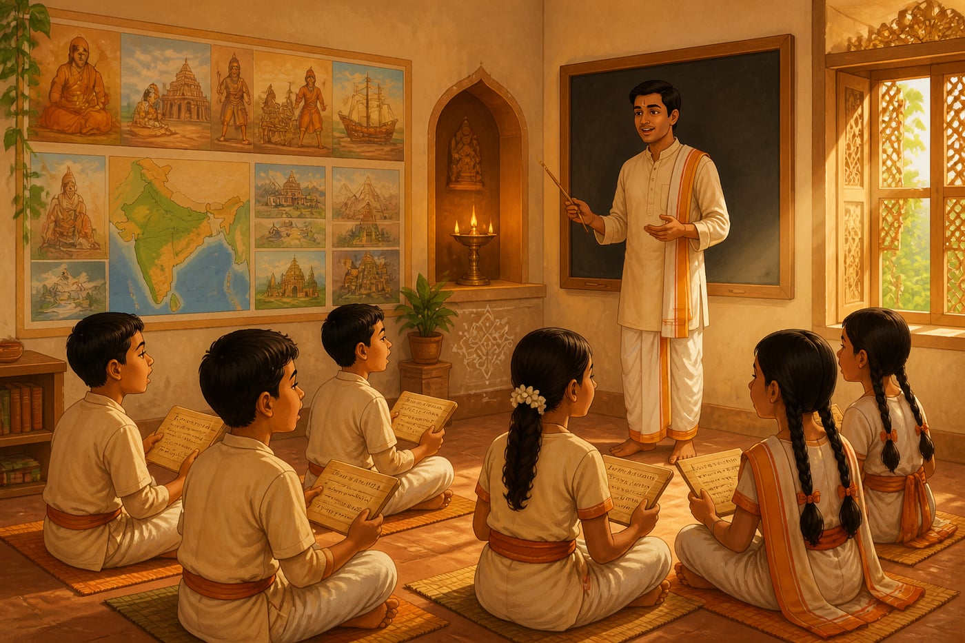 A Vidya Bharati parallel school classroom with children chanting Sanskrit shlokas