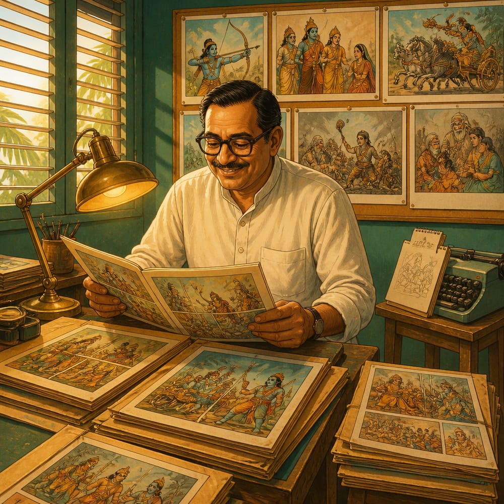 Anant Pai with early Amar Chitra Katha comics in 1960s Bombay editorial office