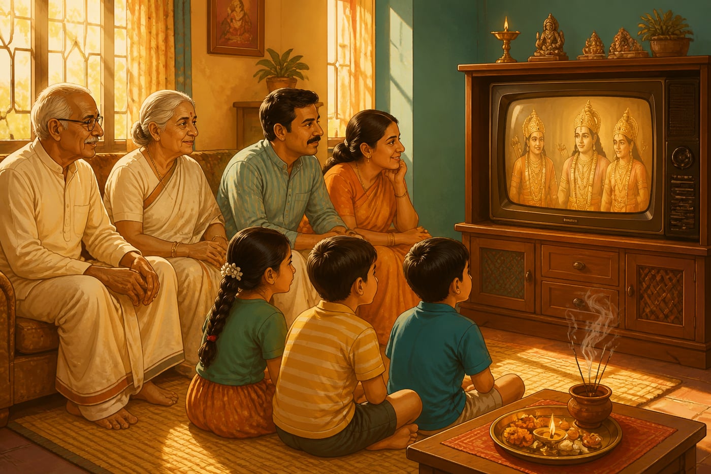 An Indian family watching Ramanand Sagar's Ramayana on Doordarshan