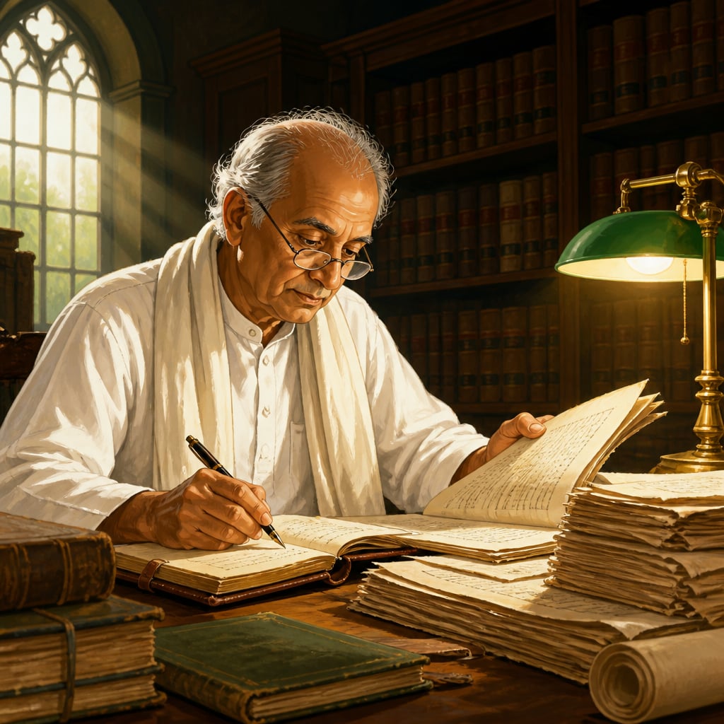 Historian Dharampal studying buried British survey reports in a colonial archive