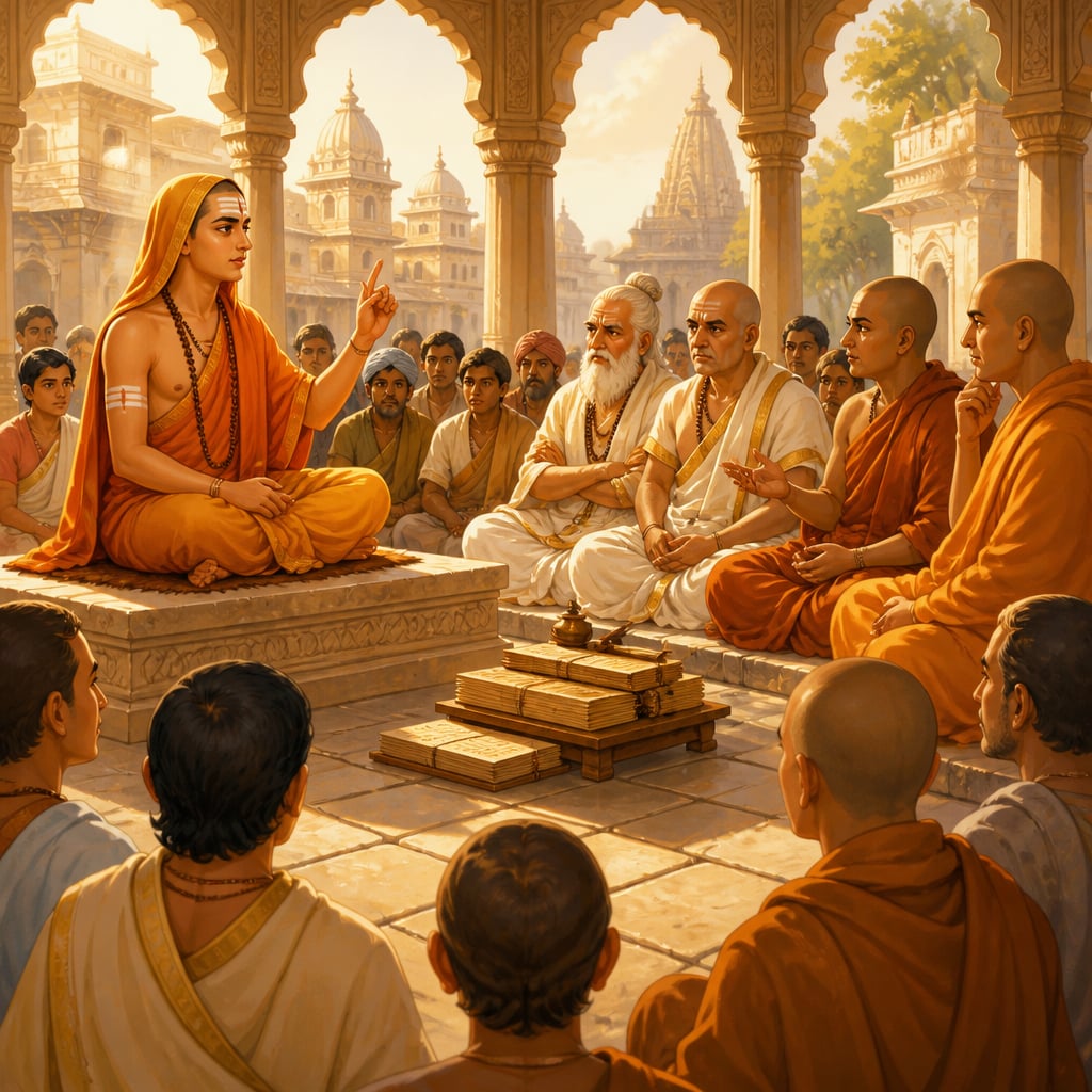 Adi Shankaracharya seated in a sabha hall during his 8th century digvijaya