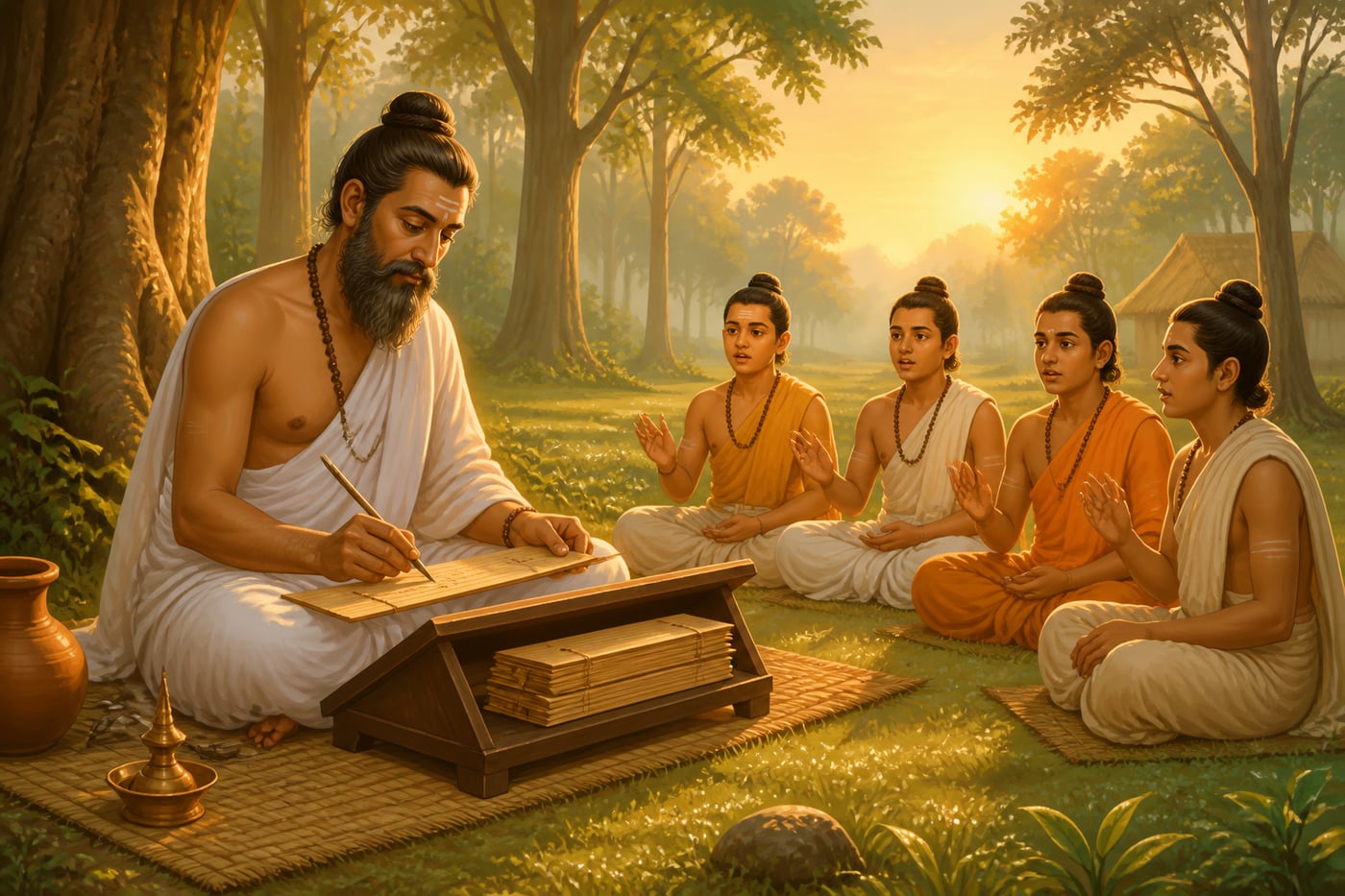 Panini composing the Ashtadhyayi grammar with disciples reciting