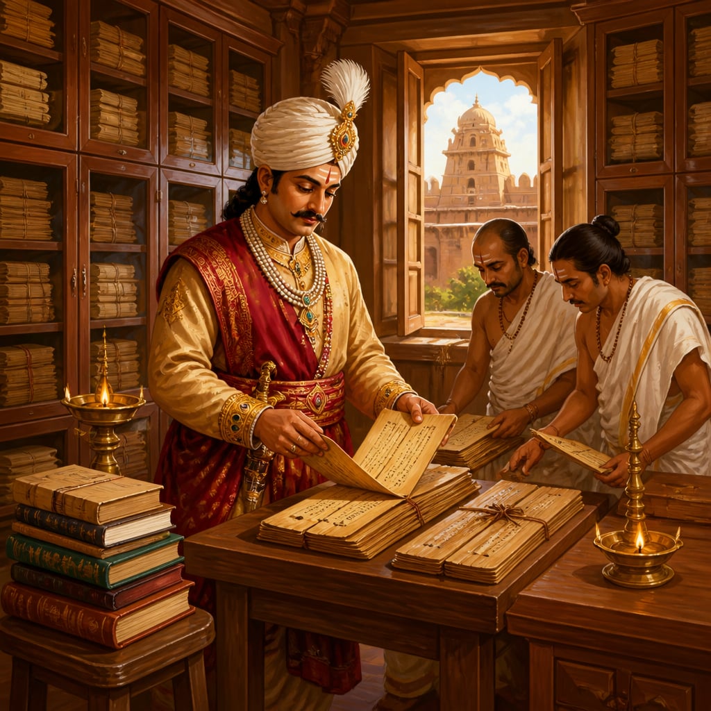 Serfoji II of Thanjavur examining manuscripts in the Sarasvati Mahal Library